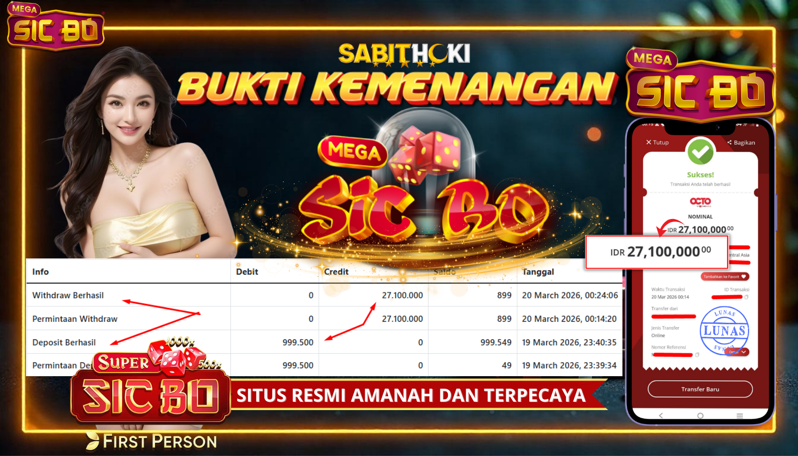 SELAMAT KEPADA MEMBER SETIA SABITHOKI BERHASIL JACKPOT DI PERMAINAN MEGA SICBO